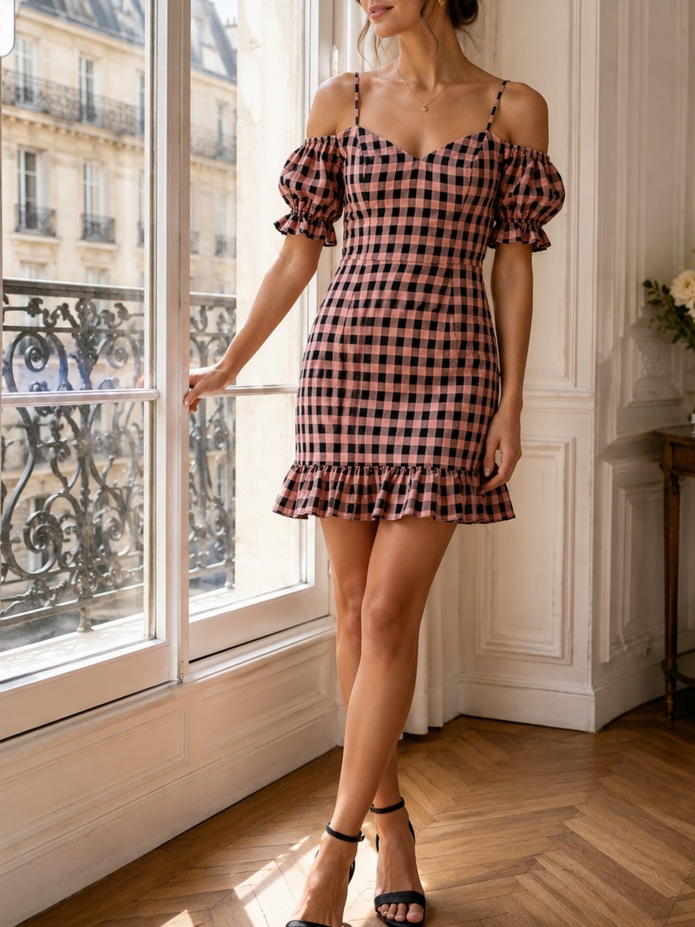 Dress the Population x Cosmopolitan Freya Gingham Off Shoulder Mini Dress Small